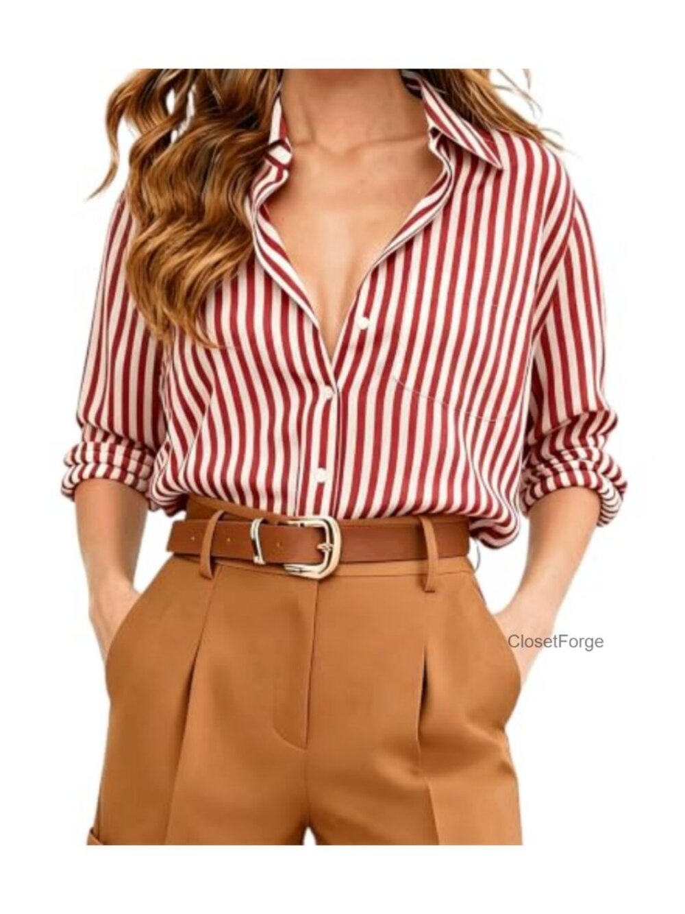 Women's Striped Button Down Long Sleeve Blouse Business Casual Top